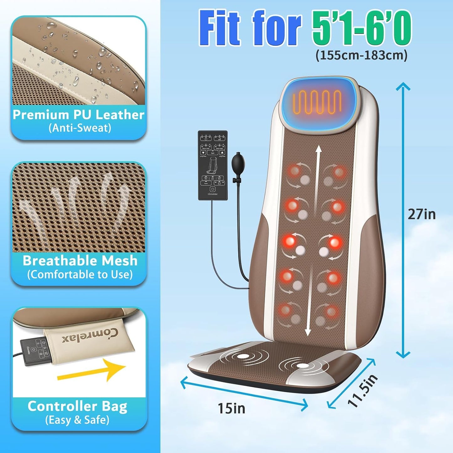 comrelax Shiatsu - Masajeador de espalda con calor, cojín de asient...