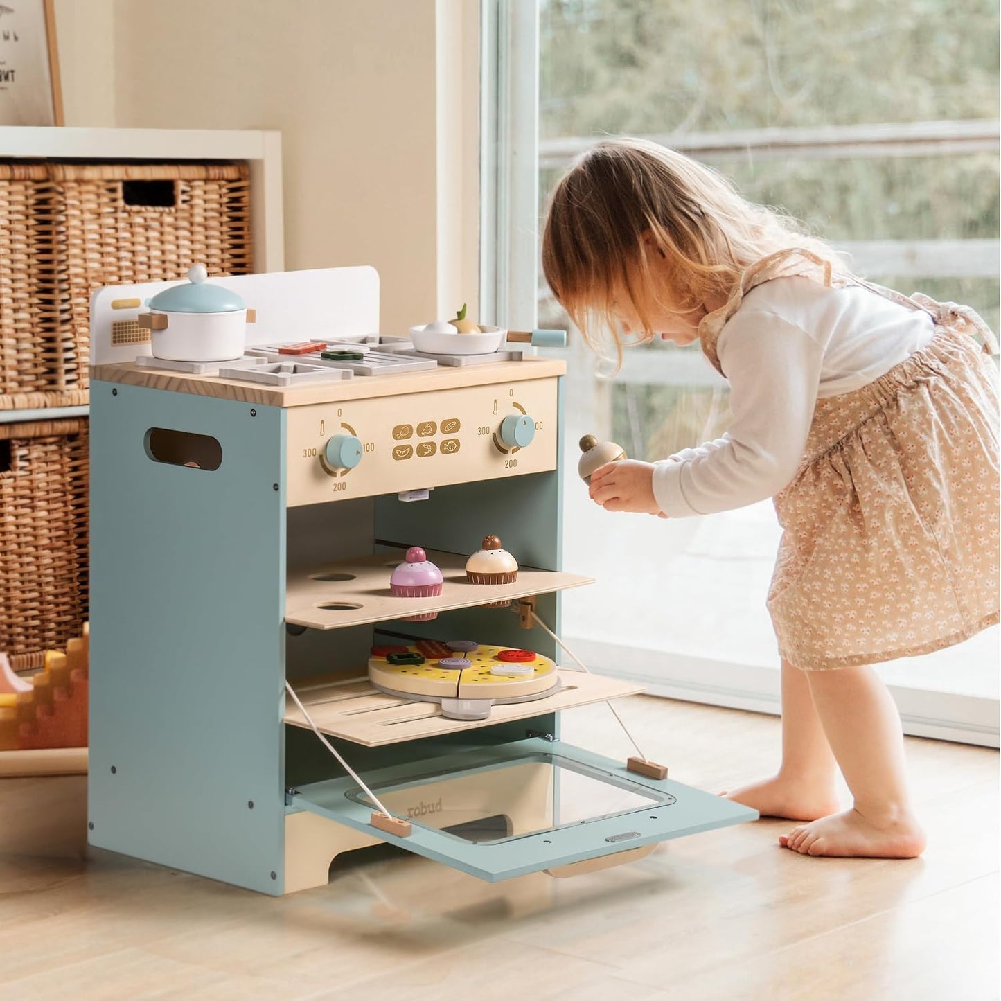 ROBUD Horno de madera para niños, juego de cocina de madera realist...