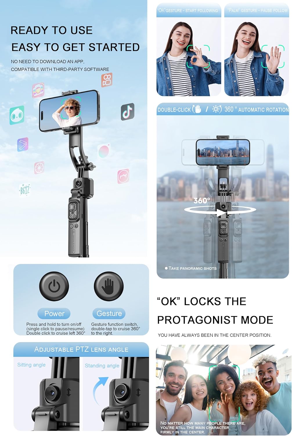 Sallnoy Trípode de seguimiento facial automático con luz y control...