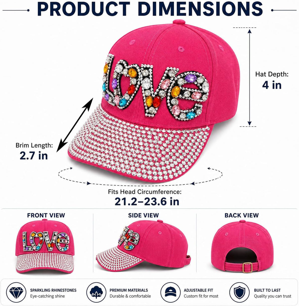 Gorra de béisbol brillante con diamantes de imitación, malla ajusta...