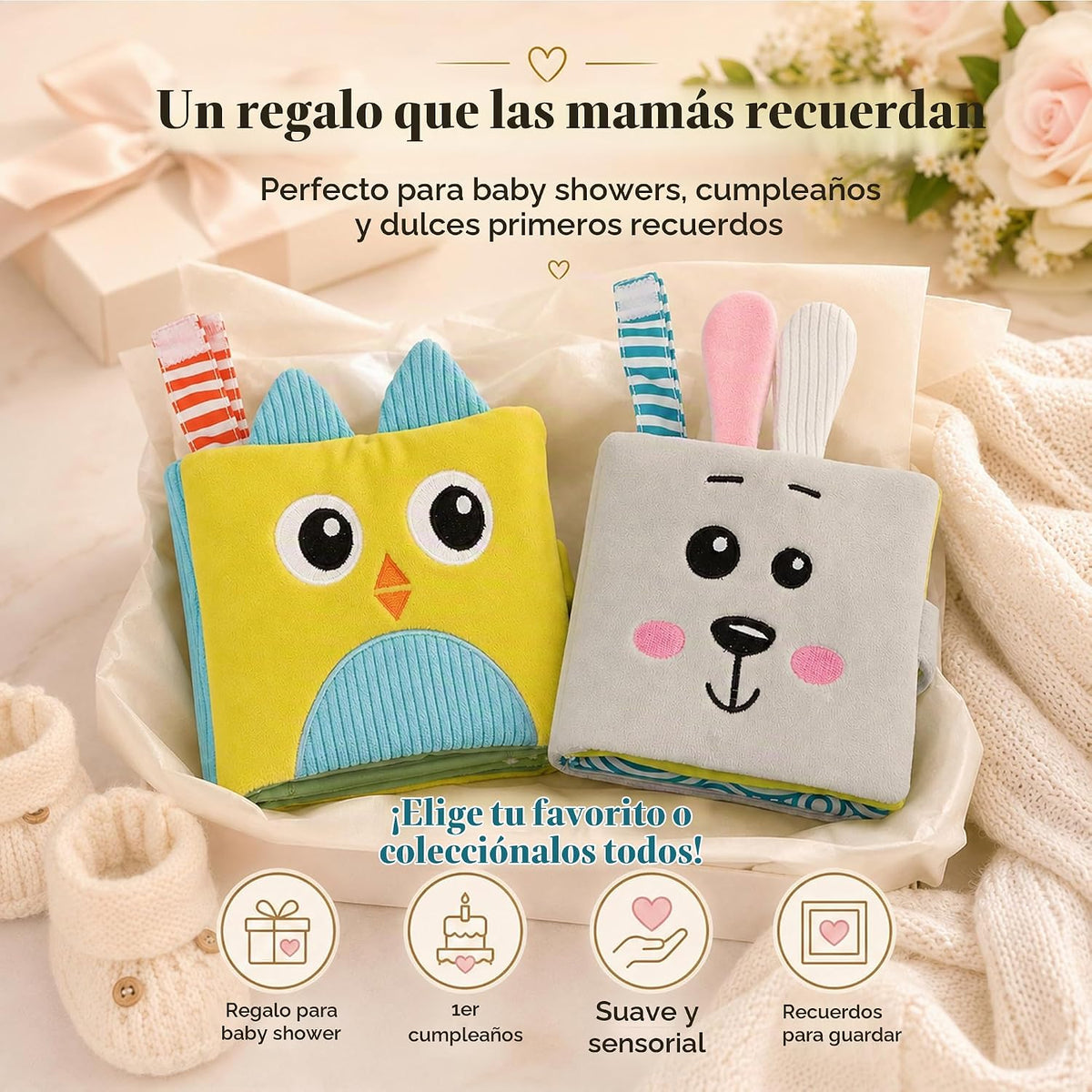 bebe mondo Juguete de conejo con espejo para bebé, libro de tela su...