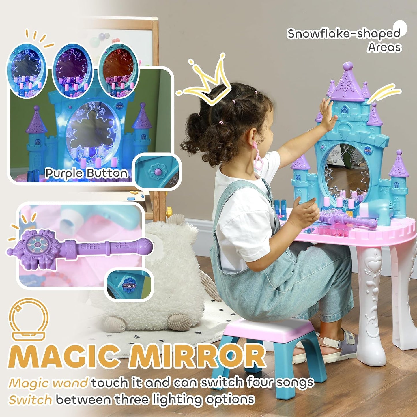 Qaba - Juego de tocador infantil con espejo y taburete para niñas d...