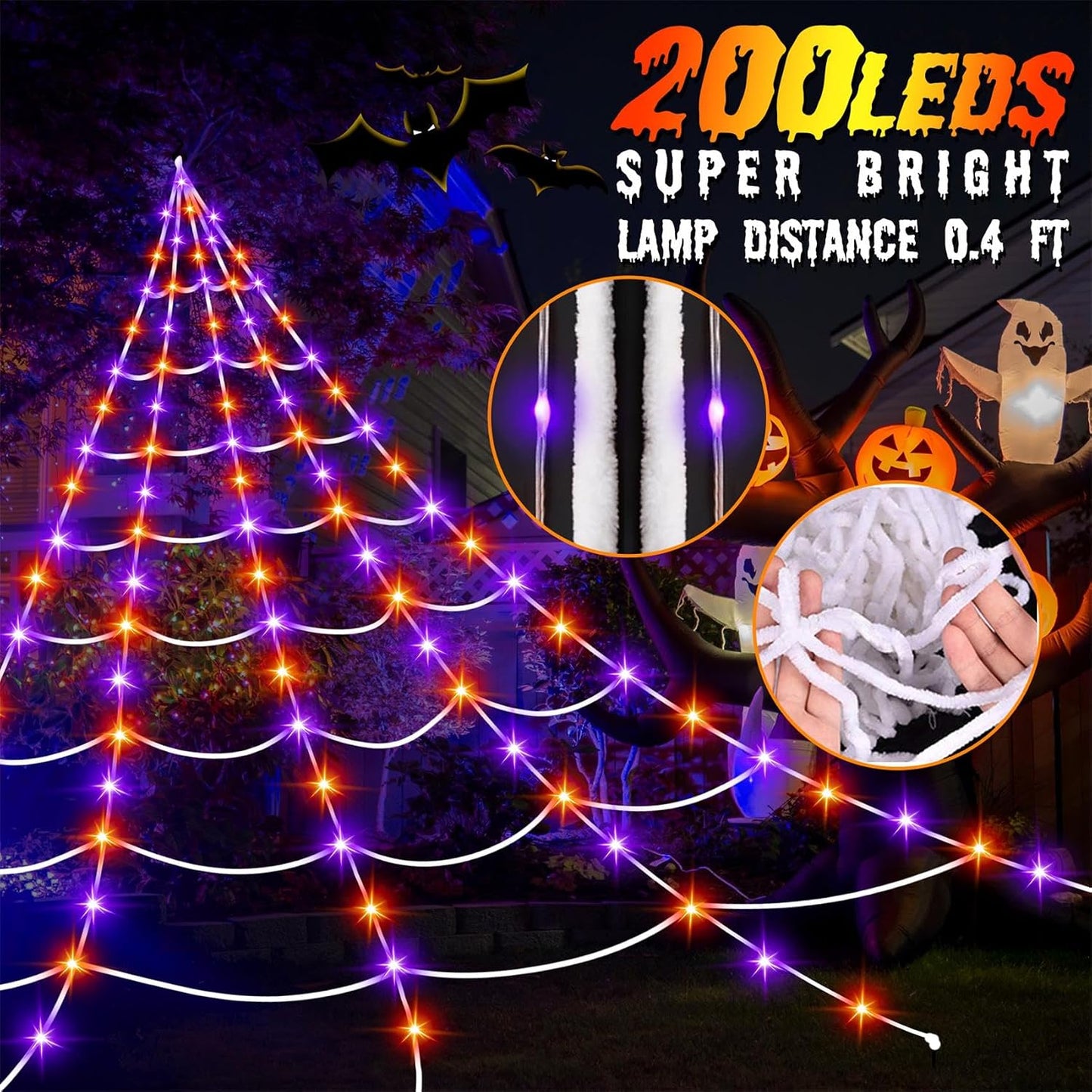 Decoraciones de Halloween al aire libre, 200 luces LED de telaraña...