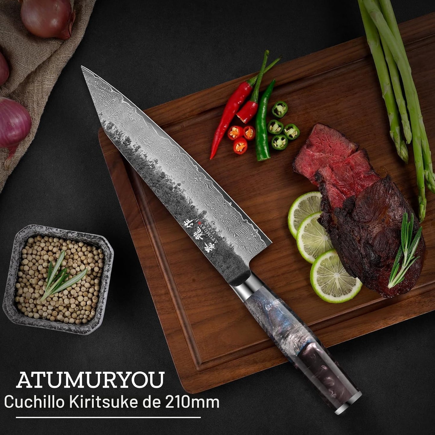 8,27" cuchillo japonés de Damasco Kiritsuke, acero VG10 forjado...