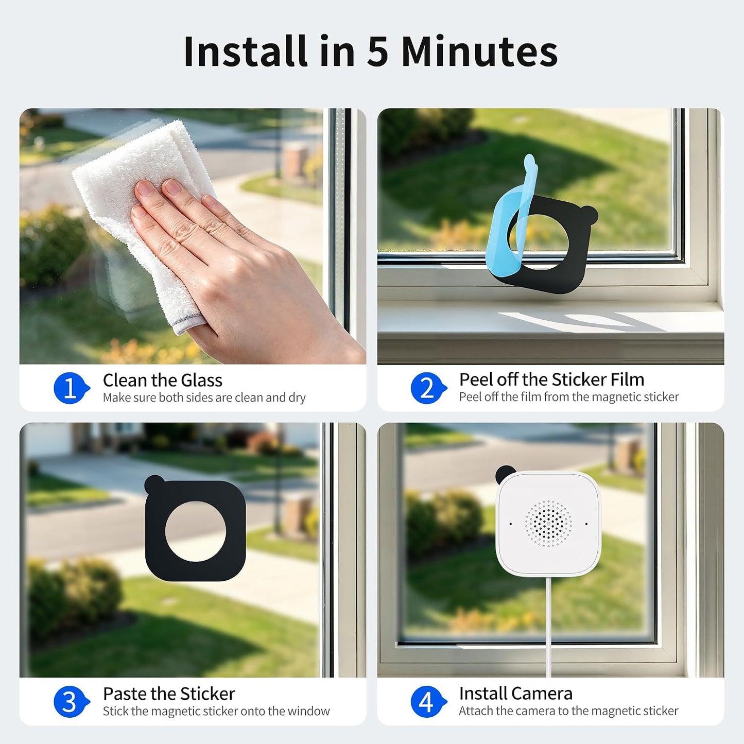 kamoviz Cámara de ventana 2K sin taladro, paquete de 4, cámaras mag...