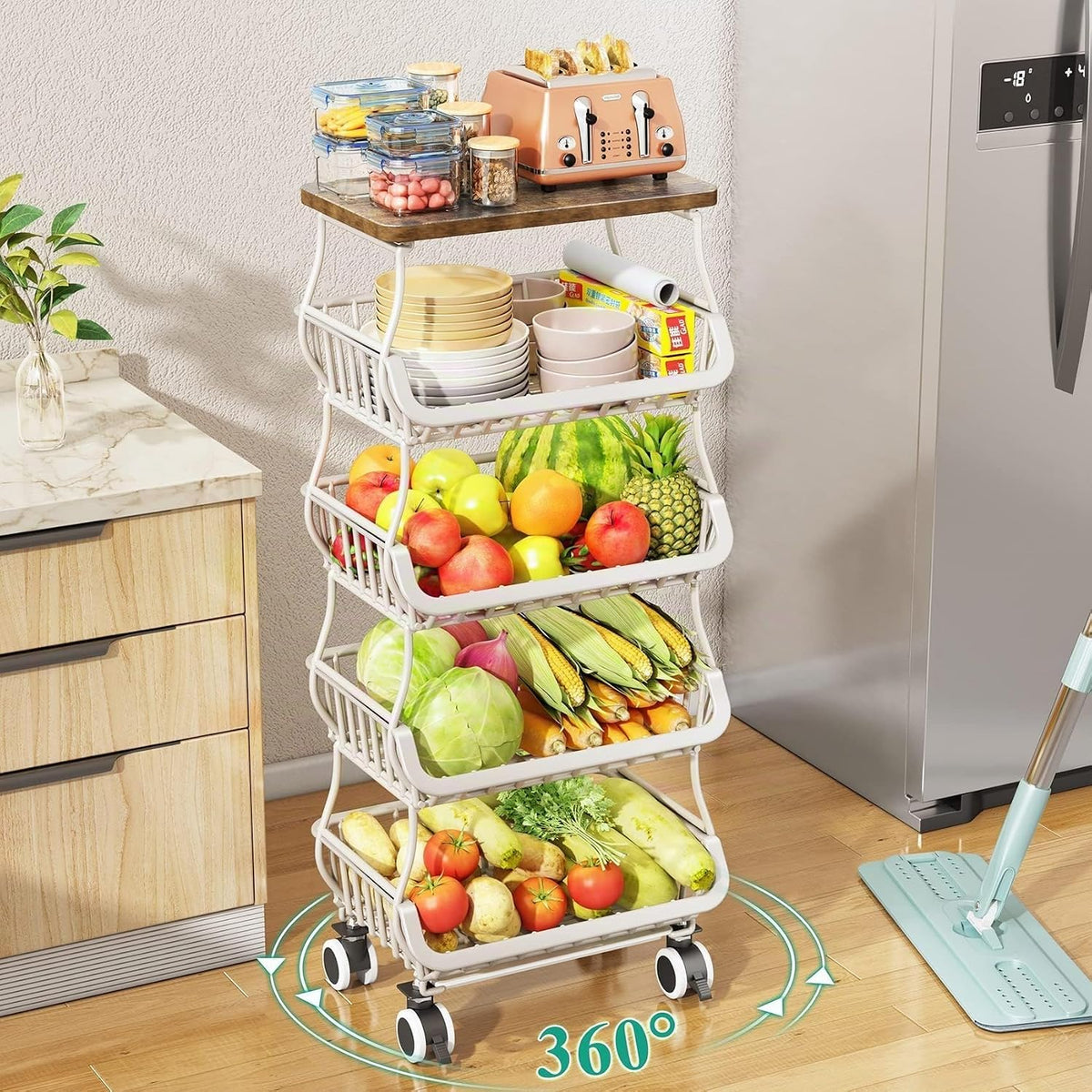 SAYZH Cesta de frutas para cocina con parte superior de madera de 5...