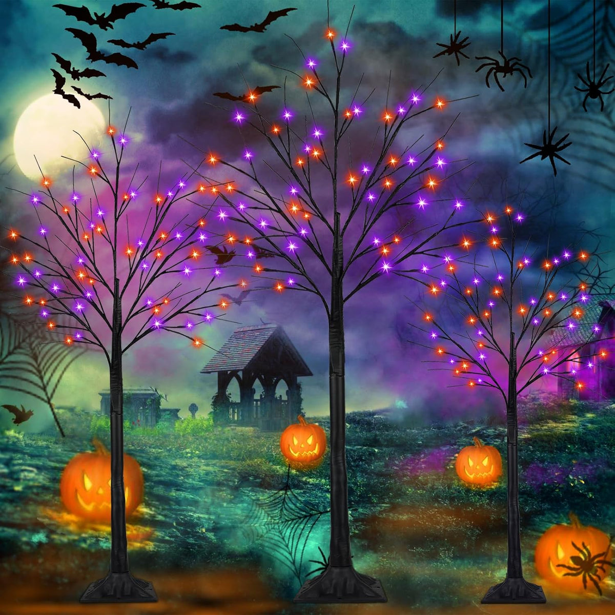 Paquete de 3 árboles de Halloween negros iluminados de 4 pies, 5 pi...