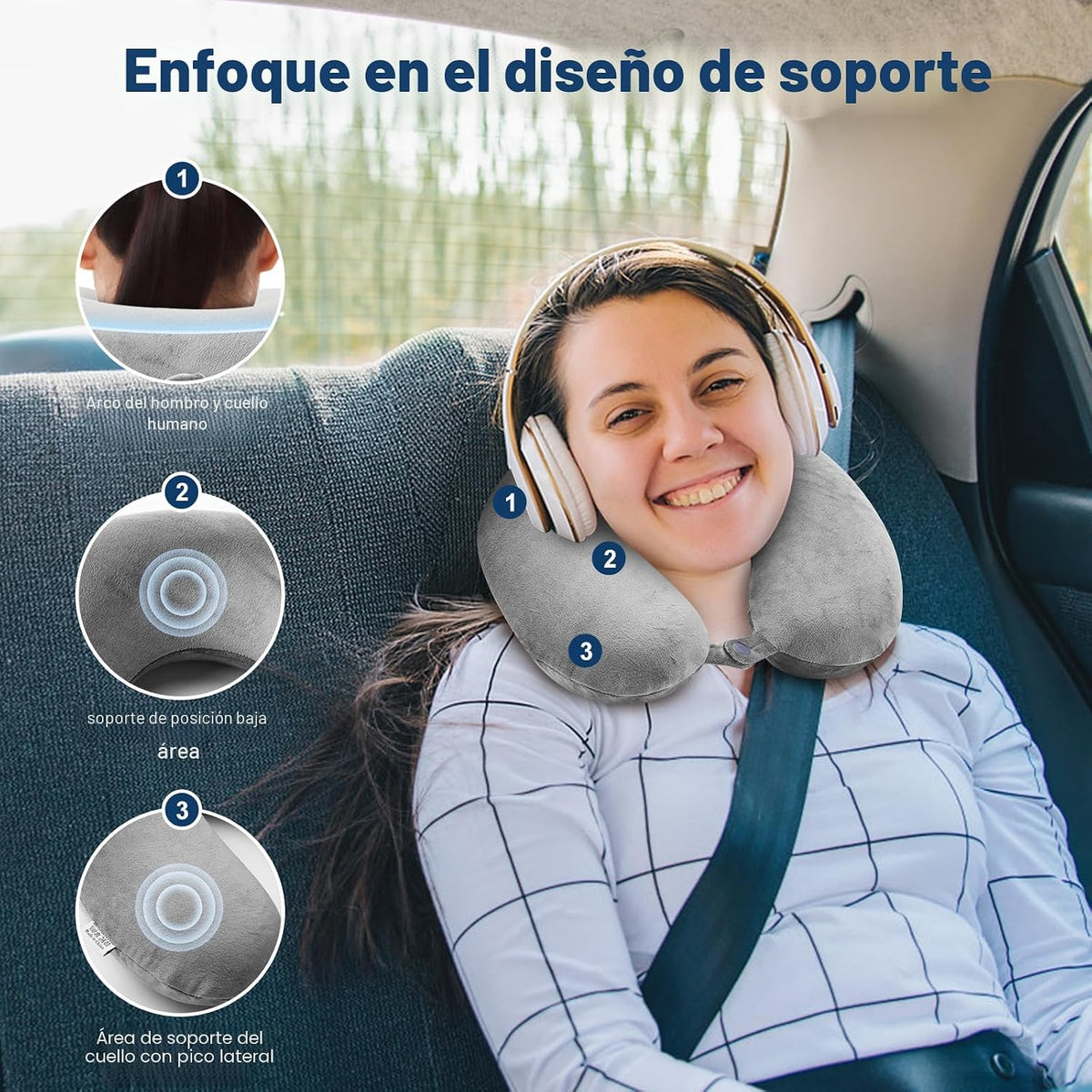 GDEOUP Almohada de viaje 100% espuma viscoelástica para el cuello e...