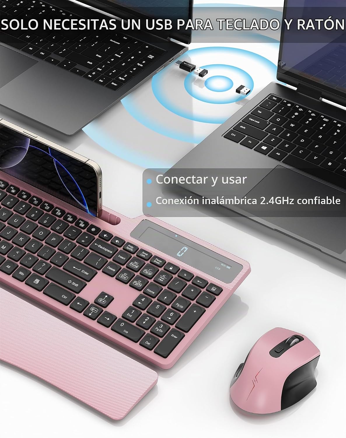 Combo de teclado y mouse inalámbricos, teclado ergonómico silencios...