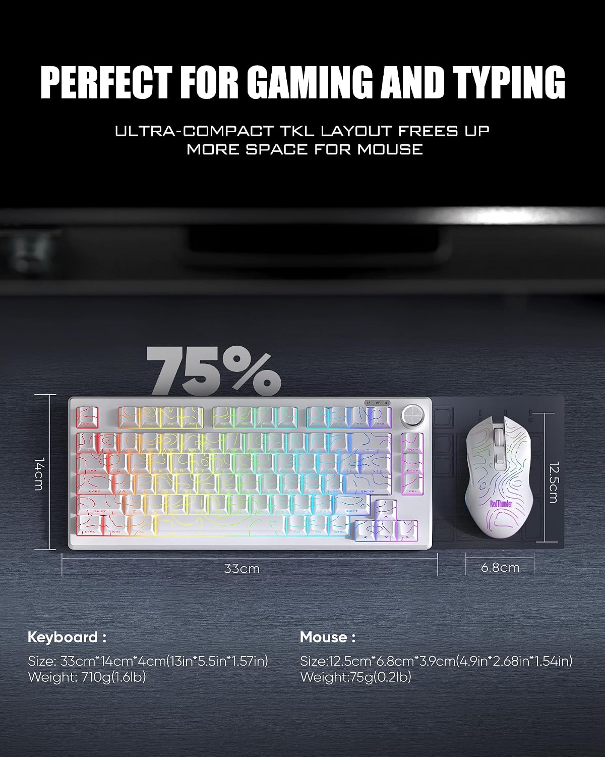 RedThunder K75 Combo de teclado y mouse inalámbricos, teclado graba...