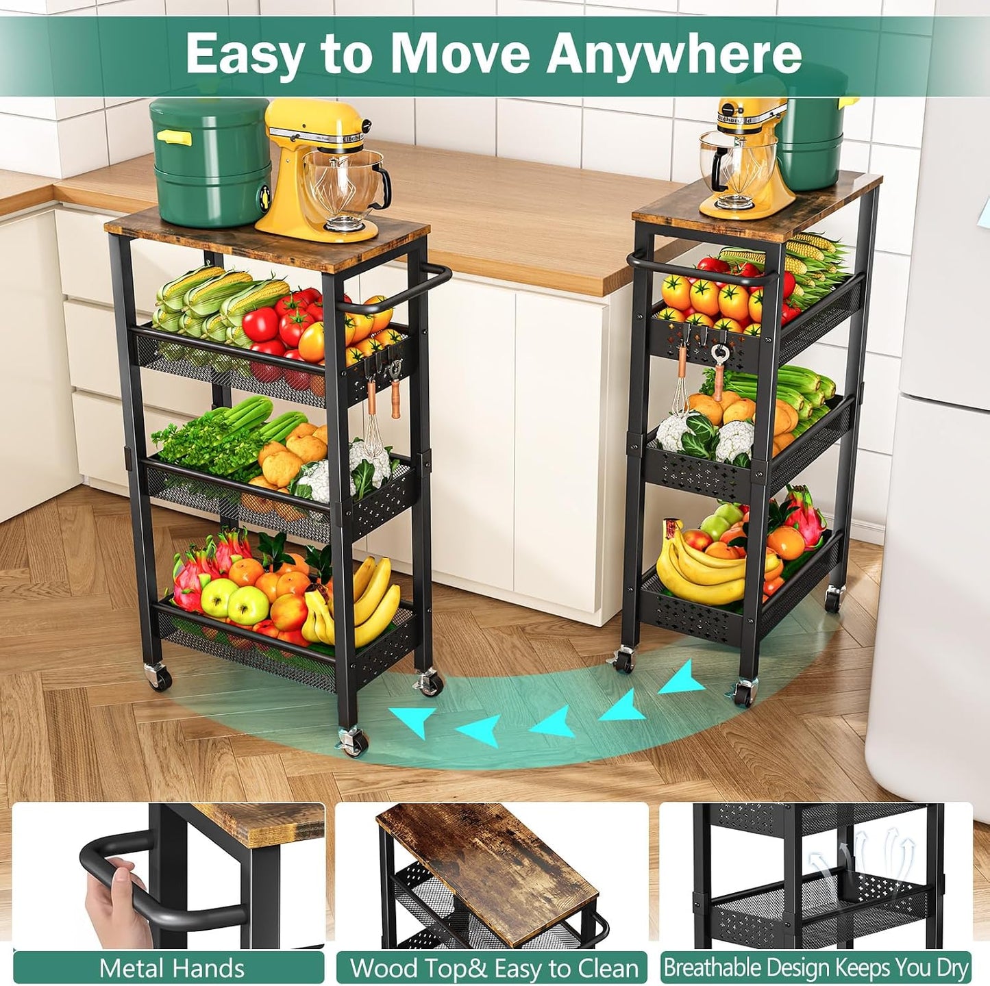 Vivihomety Carrito de almacenamiento delgado utilitario con ruedas,...