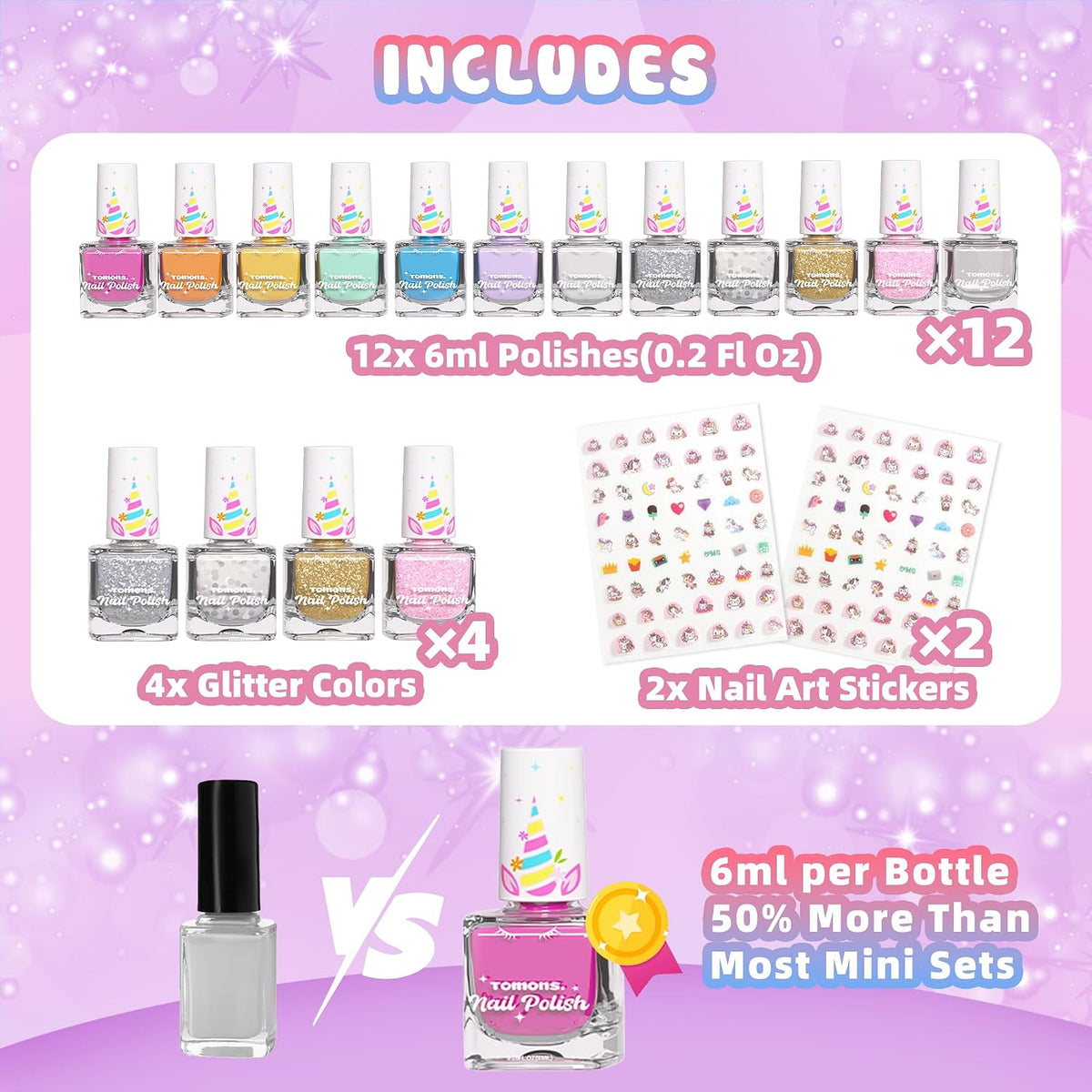 Tomons Juego de esmalte de uñas para niños, 12 colores no tóxicos a...