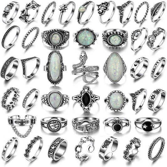 17IF Juego de anillos de nudillos plateados vintage para mujeres y...