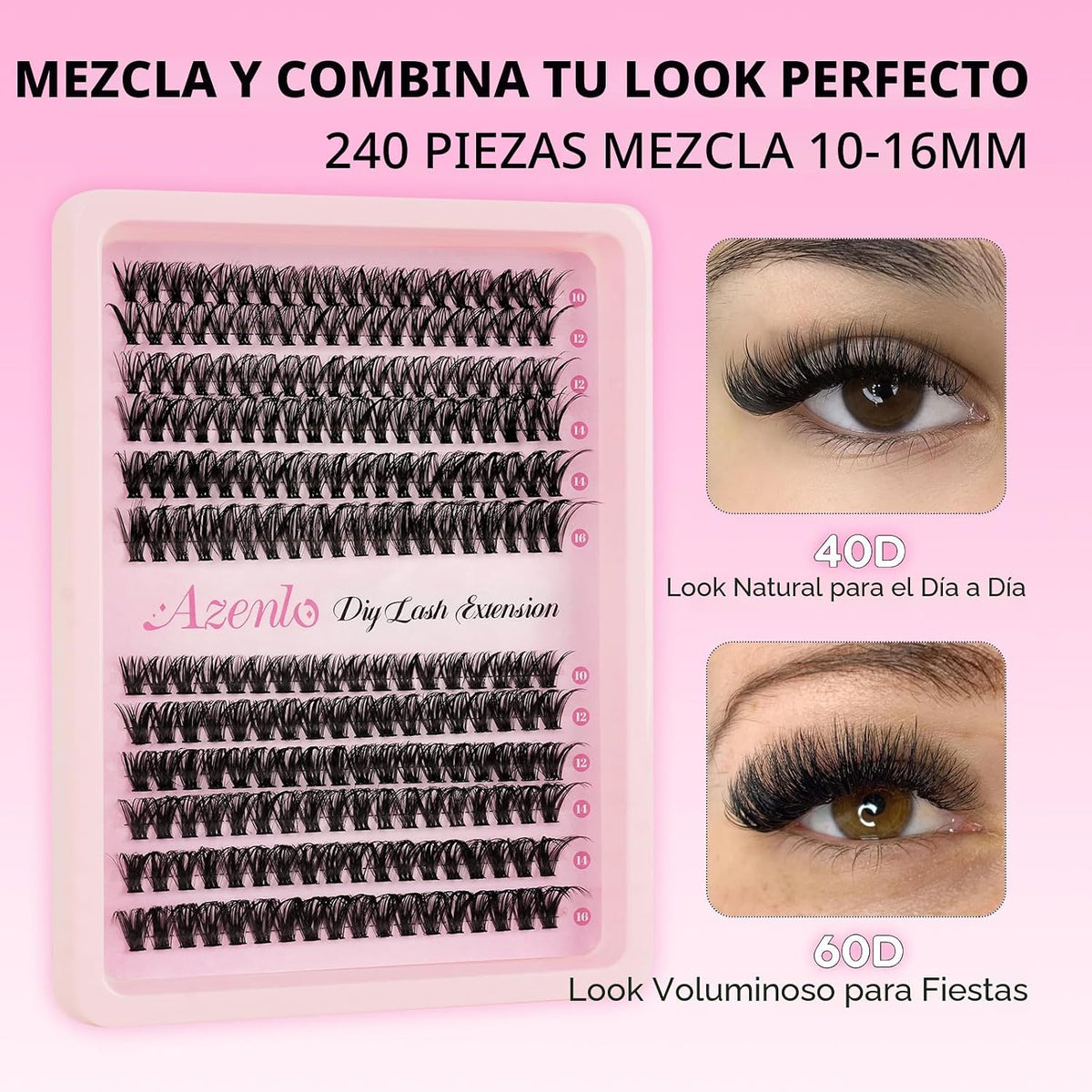 Extensiones de pestañas Azenlo 40D+60D en racimo, 240 unidades, kit...