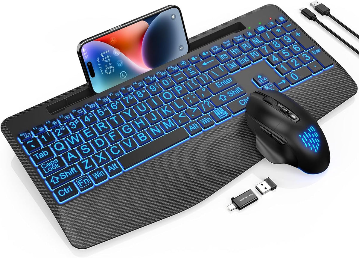 Teclado y ratón inalámbricos retroiluminados, reposamuñecas, ratón...