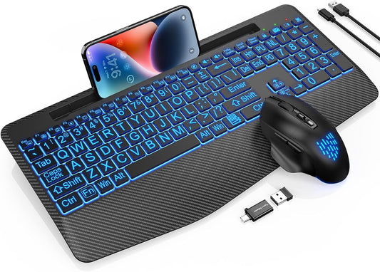 Teclado y ratón inalámbricos retroiluminados, reposamuñecas, ratón...