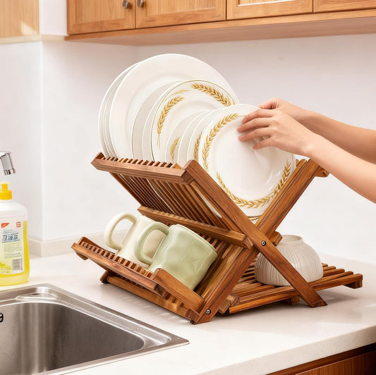 Utoplike Escurridor de platos plegable de madera de teca de 3 nivel...
