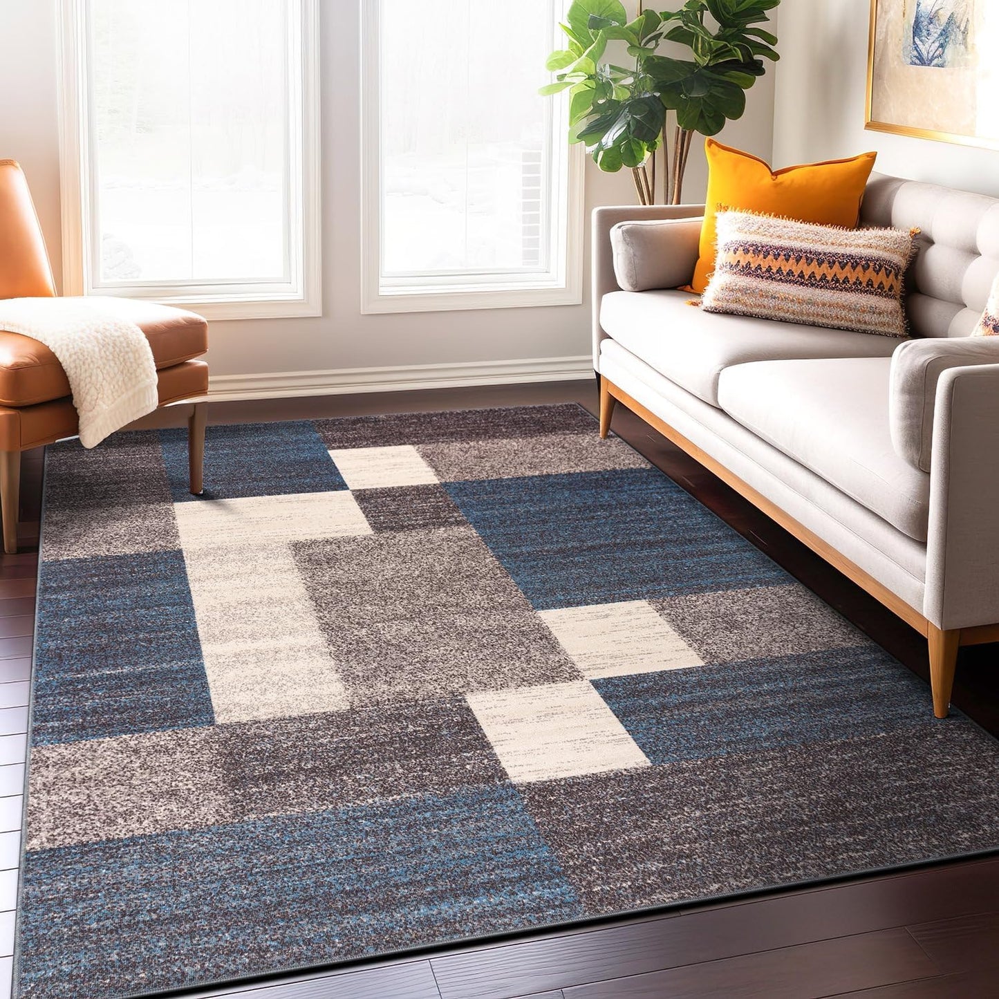 Rugshop Alfombra contemporánea con diseño geométrico azul en cajas,...