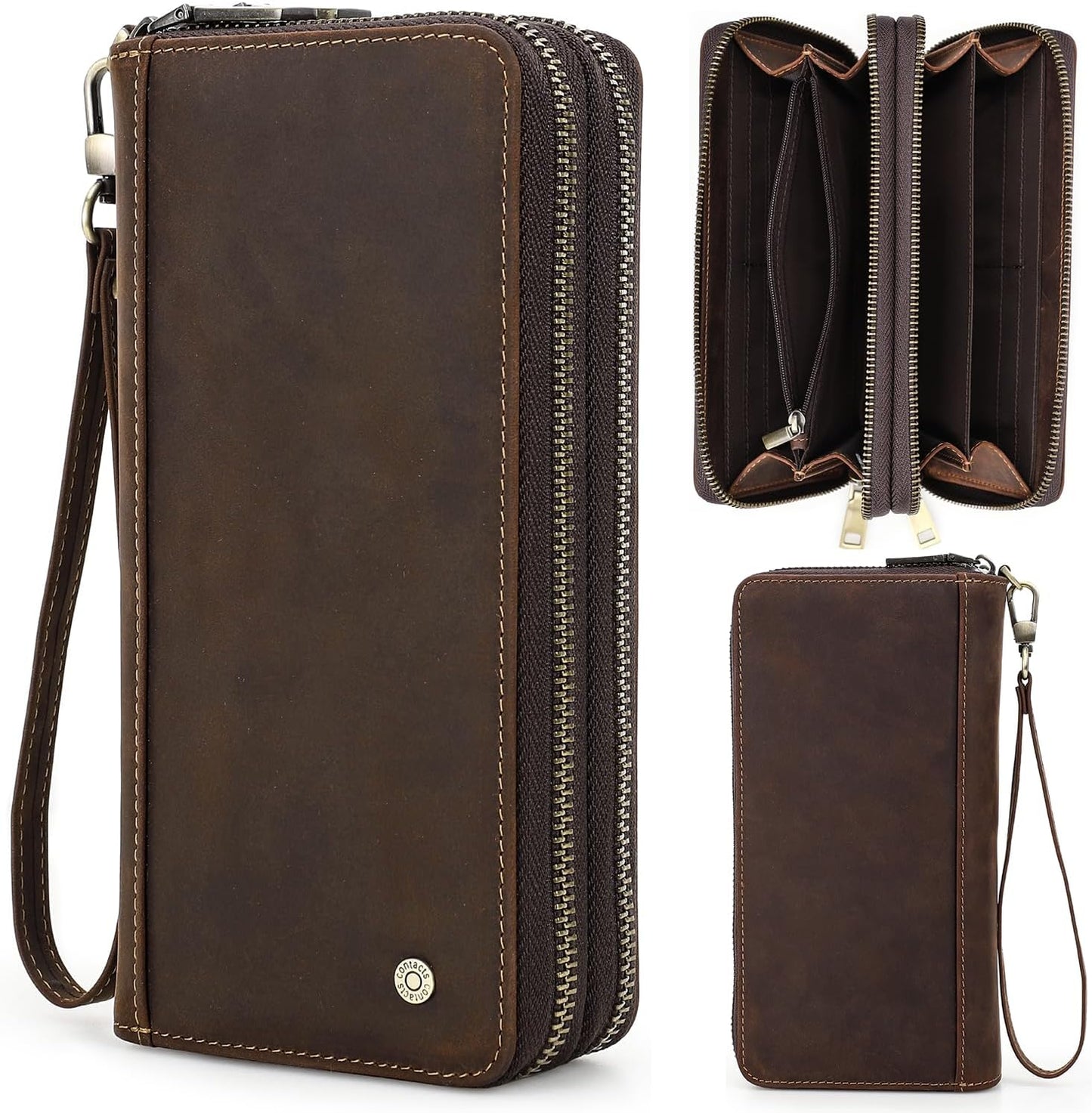 Cartera de cuero genuino de grano superior con correa de muñeca par...