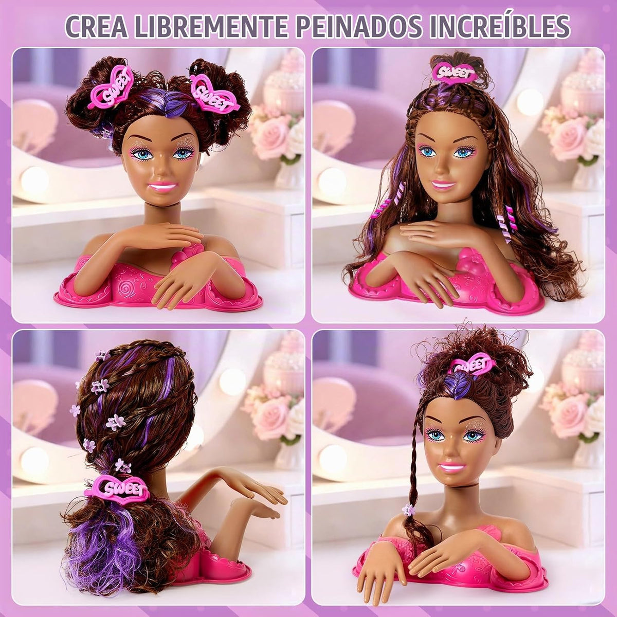 Toylink Cabeza de muñeca para peinar el cabello, kit de maquillaje...
