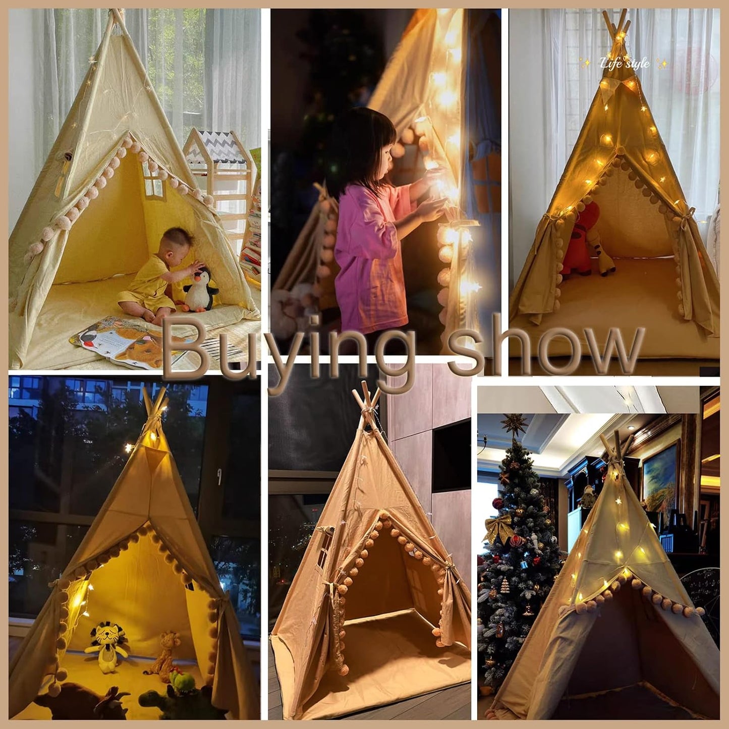 RONGFA - Tienda de campaña tipi para niños con luces y pompones gra...