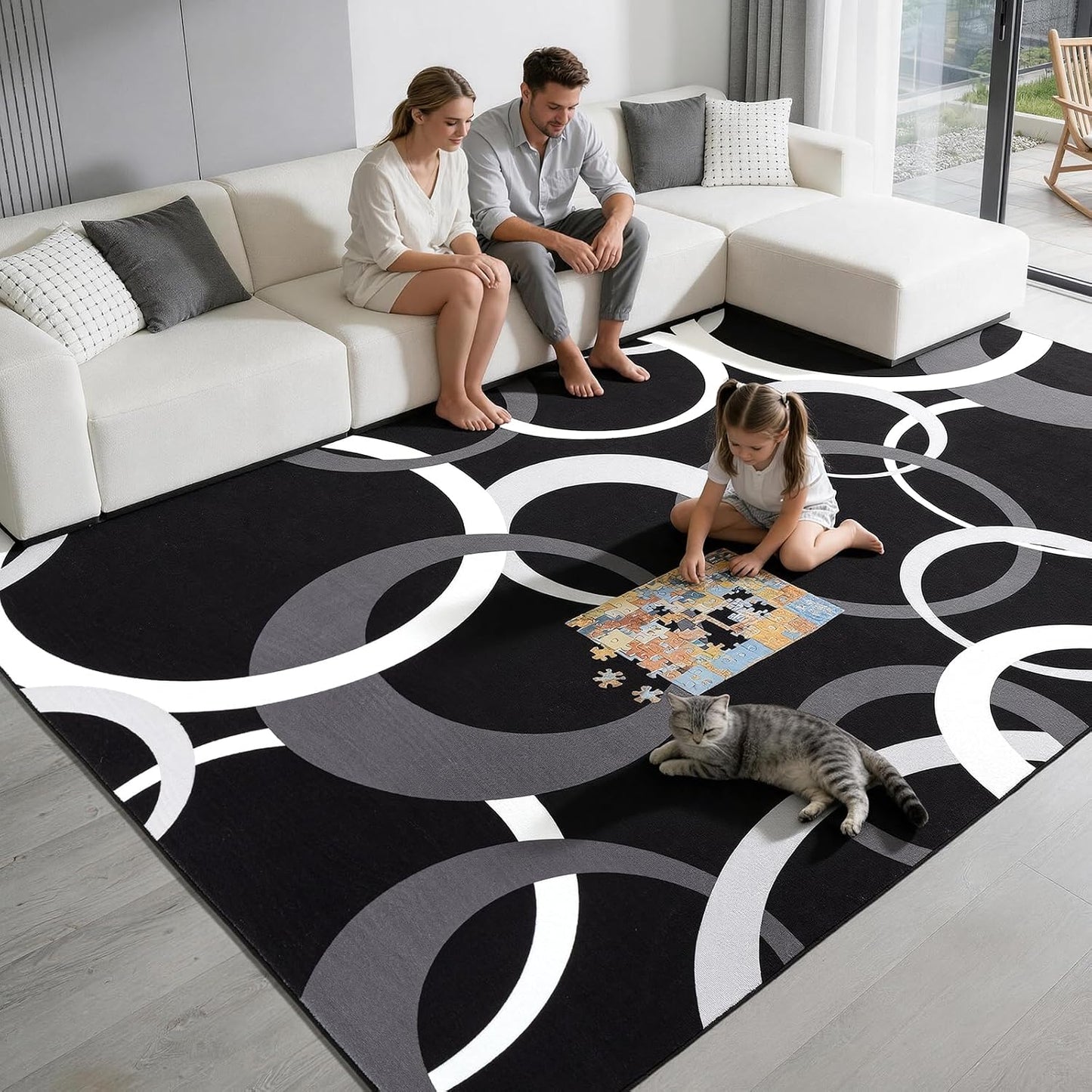 YIHOUSE Alfombra lavable para sala de estar, color blanco y negro,...