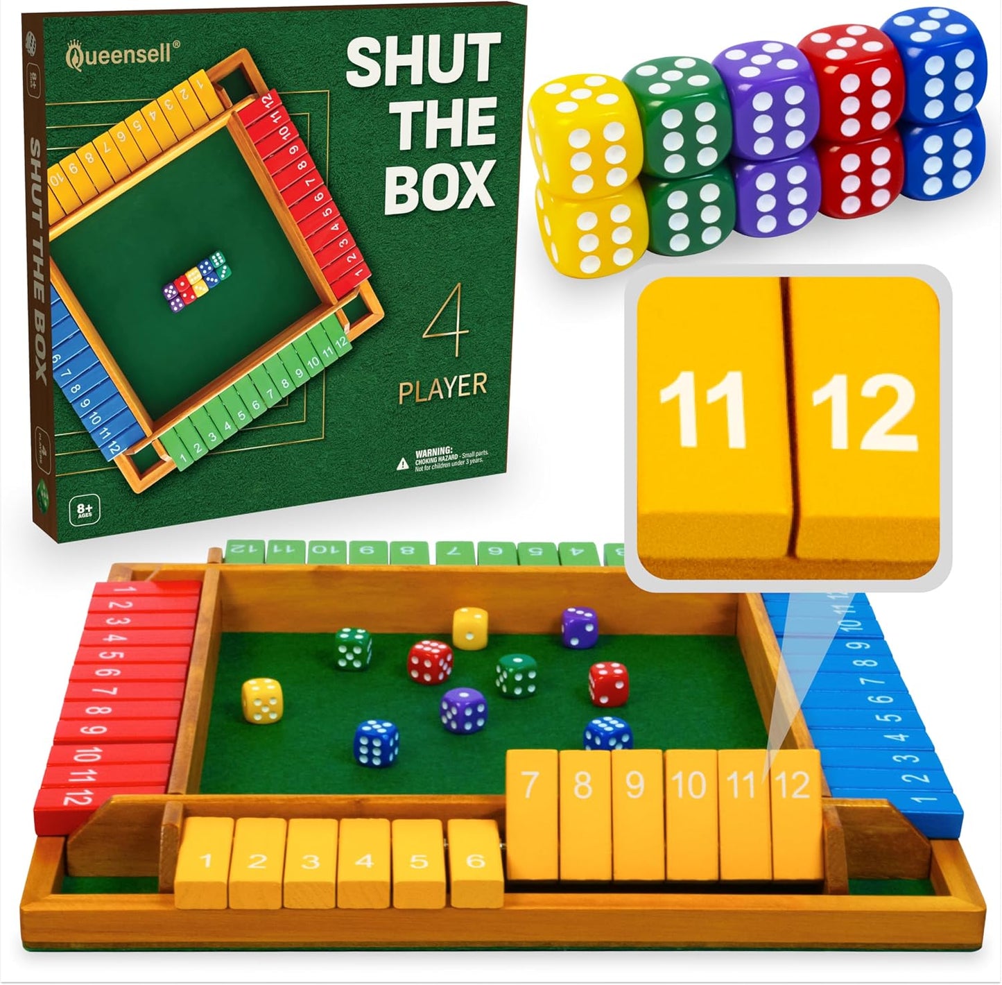 Shut The Box Game Tablero de madera para 4 jugadores, juego de 14 p...