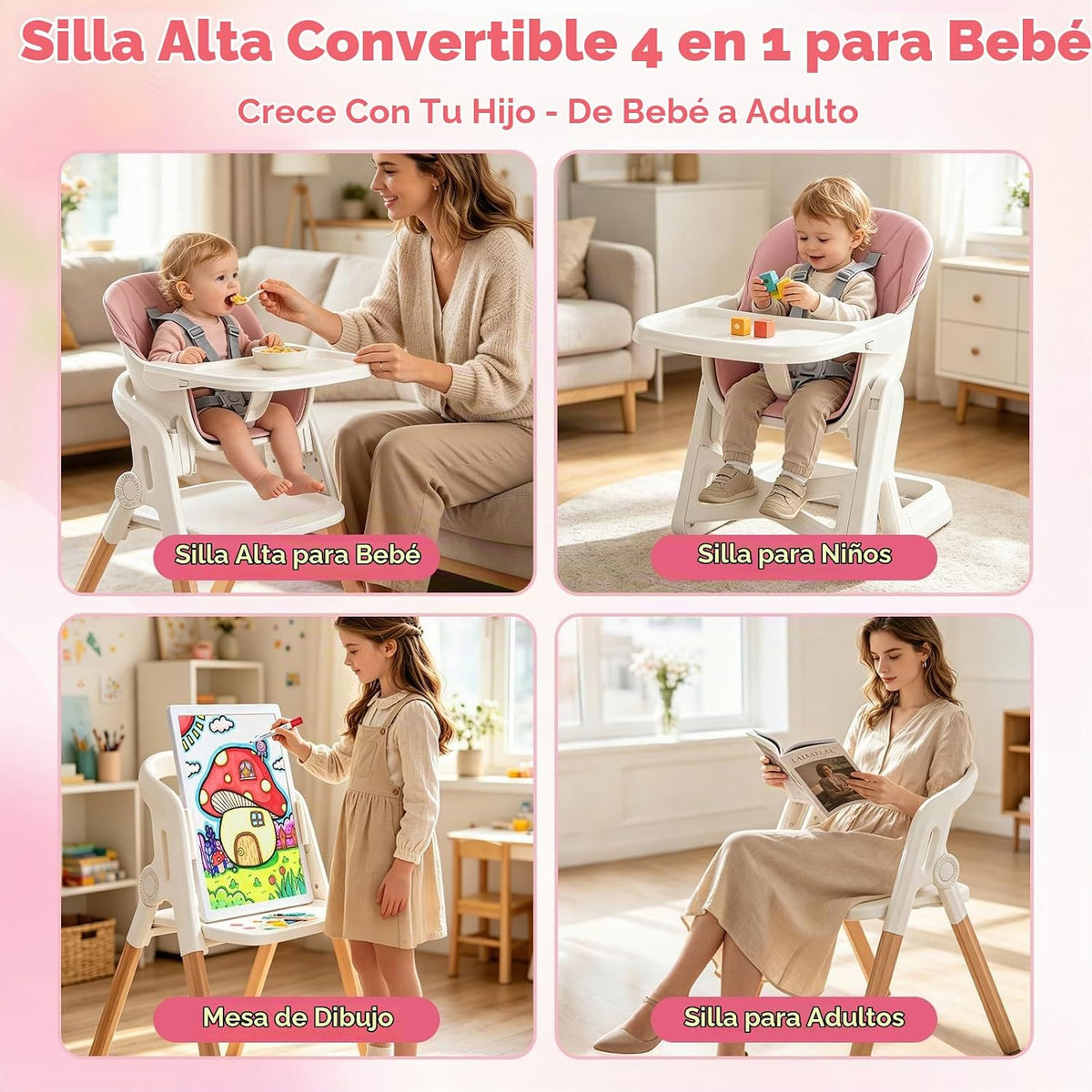 Silla alta plegable para bebé, sillas altas de madera convertibles...