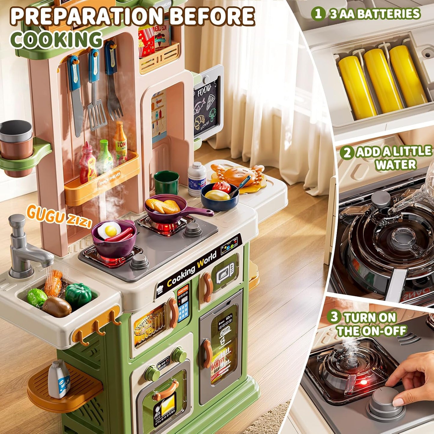 Juego de cocina para niños, 31.5 pulgadas, 73 piezas, cocina de jue...