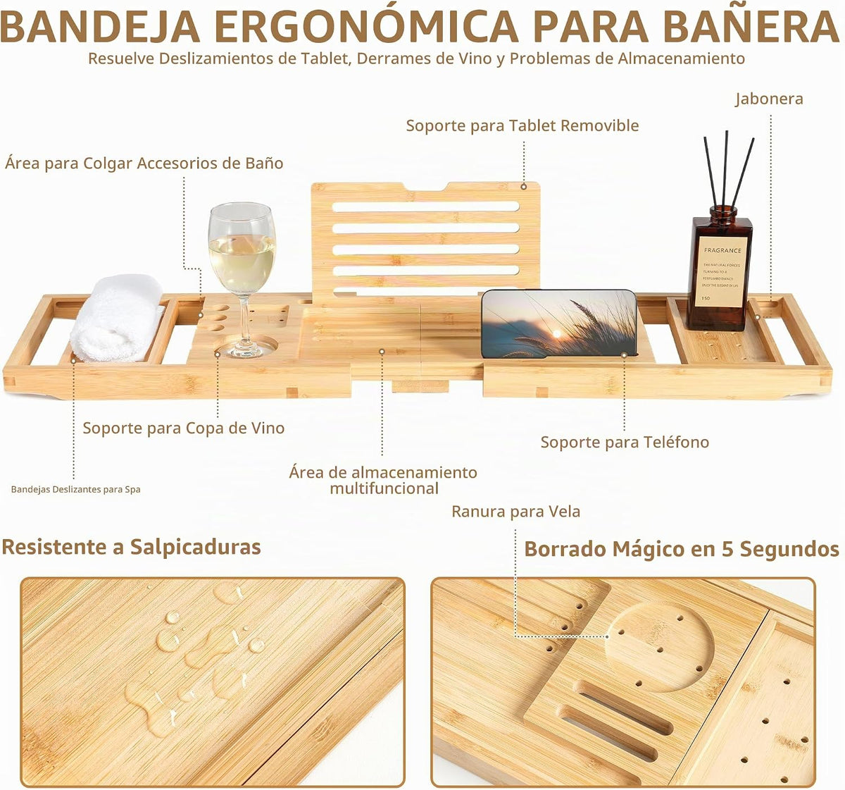 Realgulf Bandeja de bañera de bambú, ajustable de 28 a 40 pulgadas...