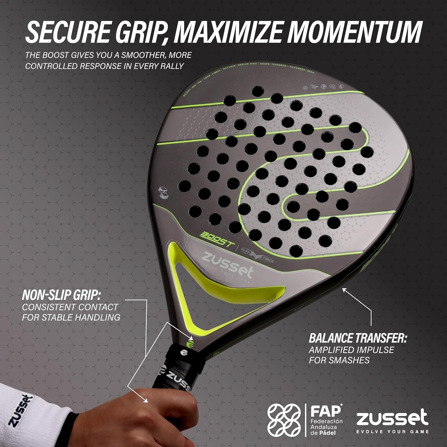 ZUSSET Pala Pádel Boost 2025 | Pala Padel Forma de Lágrima | 365gr...