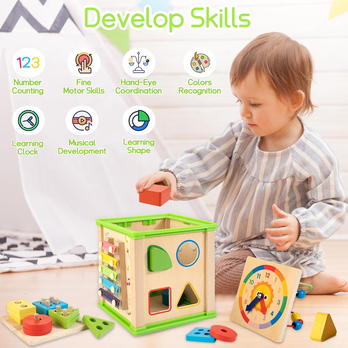 WOODMAM Cubo de Actividades de Madera 7 en 1 | Juguetes Montessori...