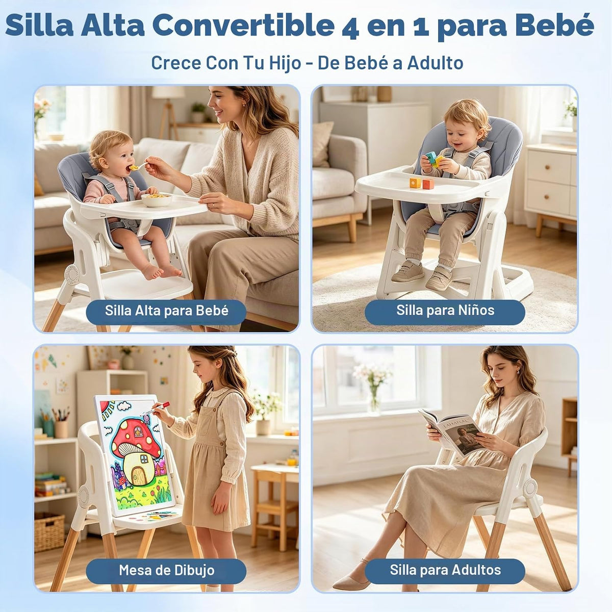 Silla alta plegable para bebé, sillas altas de madera convertibles...
