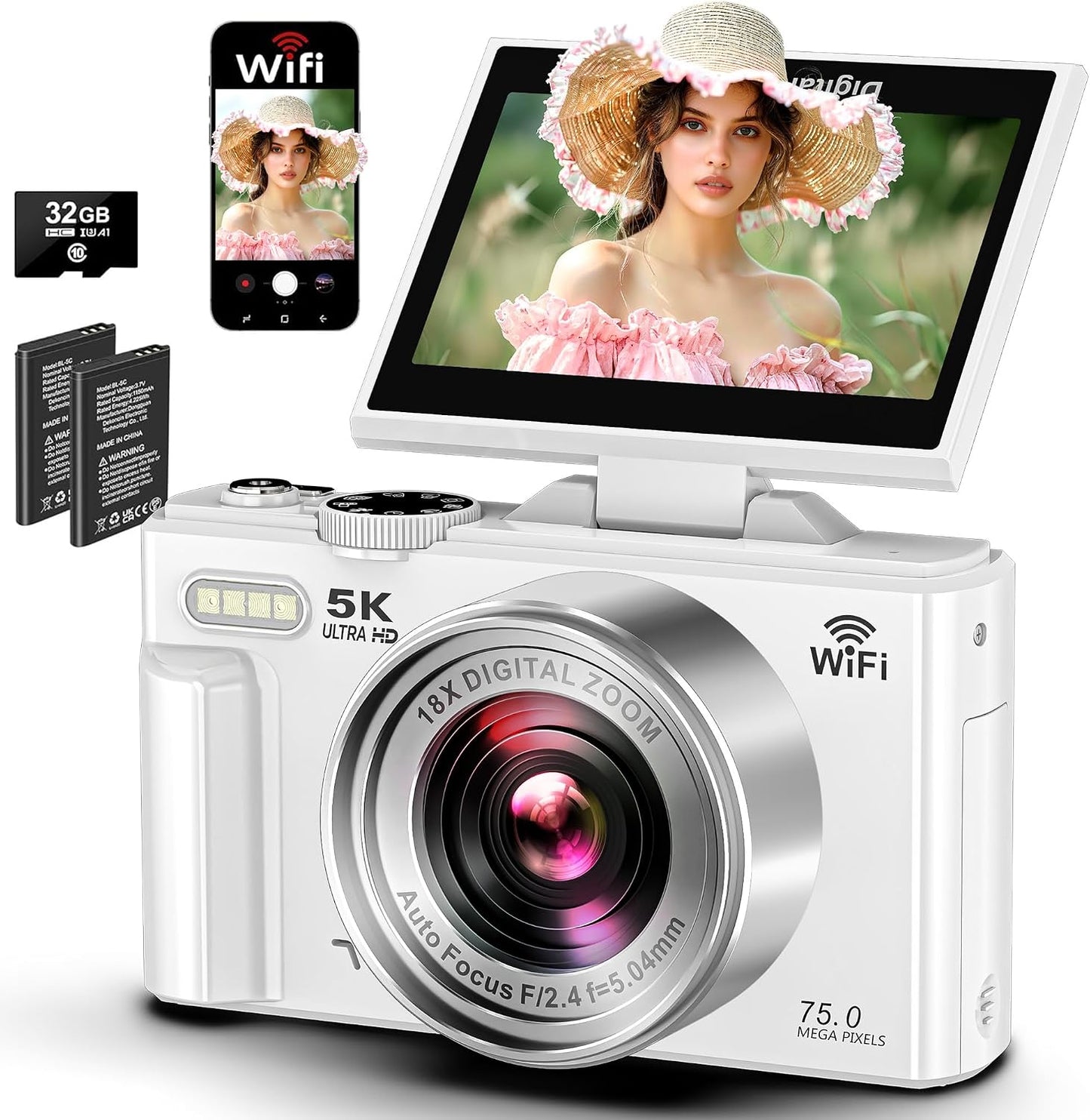 Cámara digital 5K Cámaras WiFi para fotografía 75MP UHD Autofocus V...