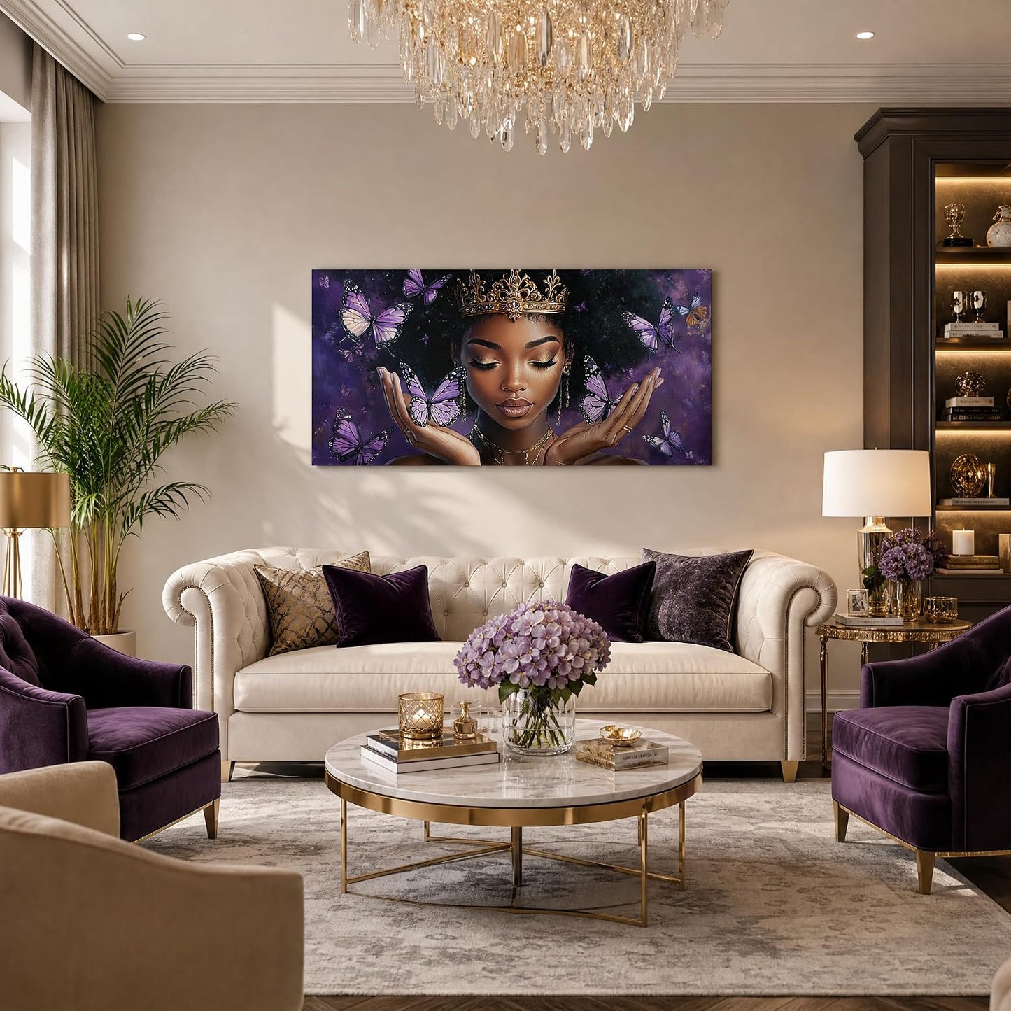 Lienzo de reina afroamericana para pared, diseño de mariposa morada...