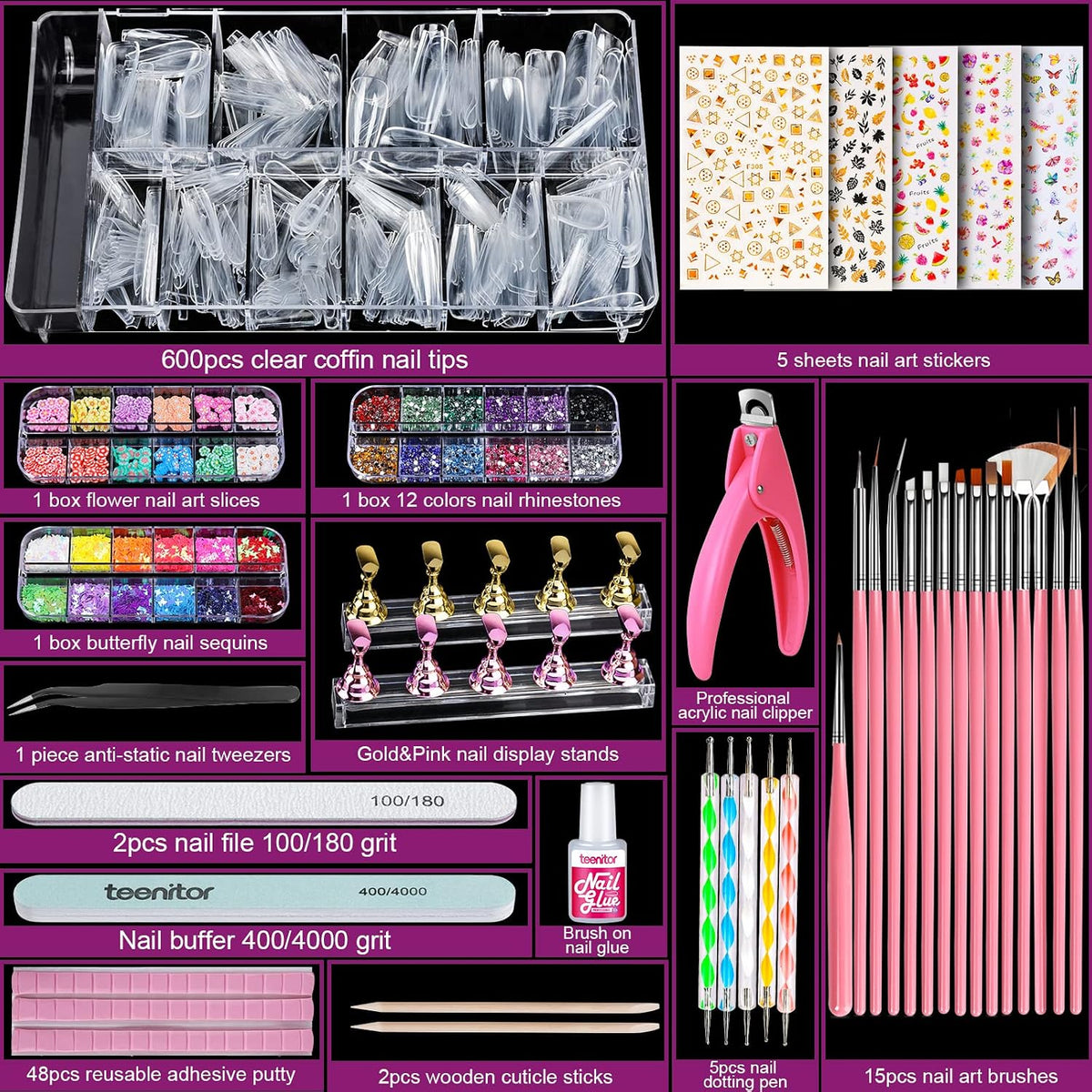 Teenitor Kit de Uñas Postizas Acrílicas, Suministros de Uñas Postiz...