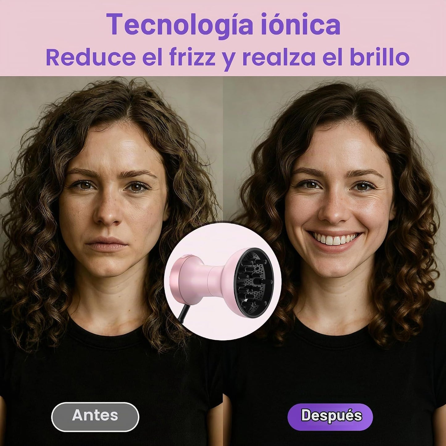 Secador de pelo 2 en 1 con difusor para cabello rizado, 800 W, colo...