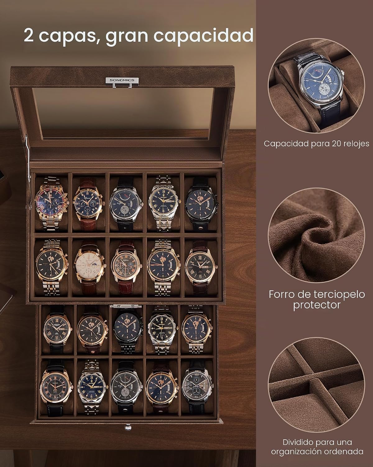 SONGMICS Caja de reloj de 20 ranuras, 2 capas, tapa de cristal, con...