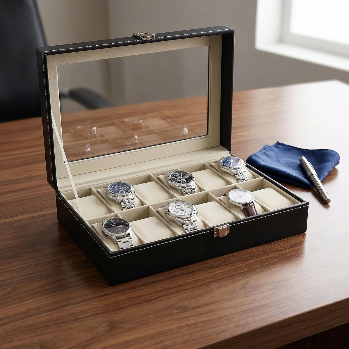 Hedume Caja de reloj de cuero con 12 ranuras para reloj, organizado...