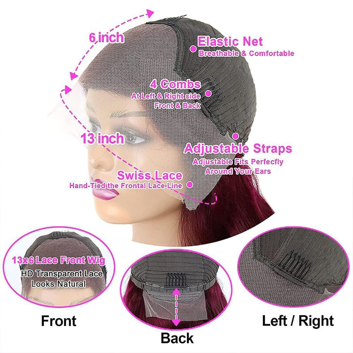 QZOQZO Pelucas de Encaje Frontal de Cabello Humano Borgoña 99j de 2...