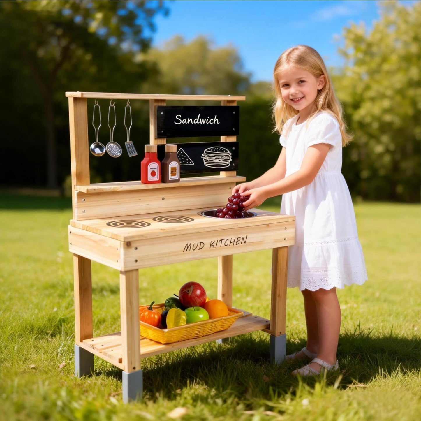 Cocina de barro de madera, cocina de juego al aire libre con fregad...