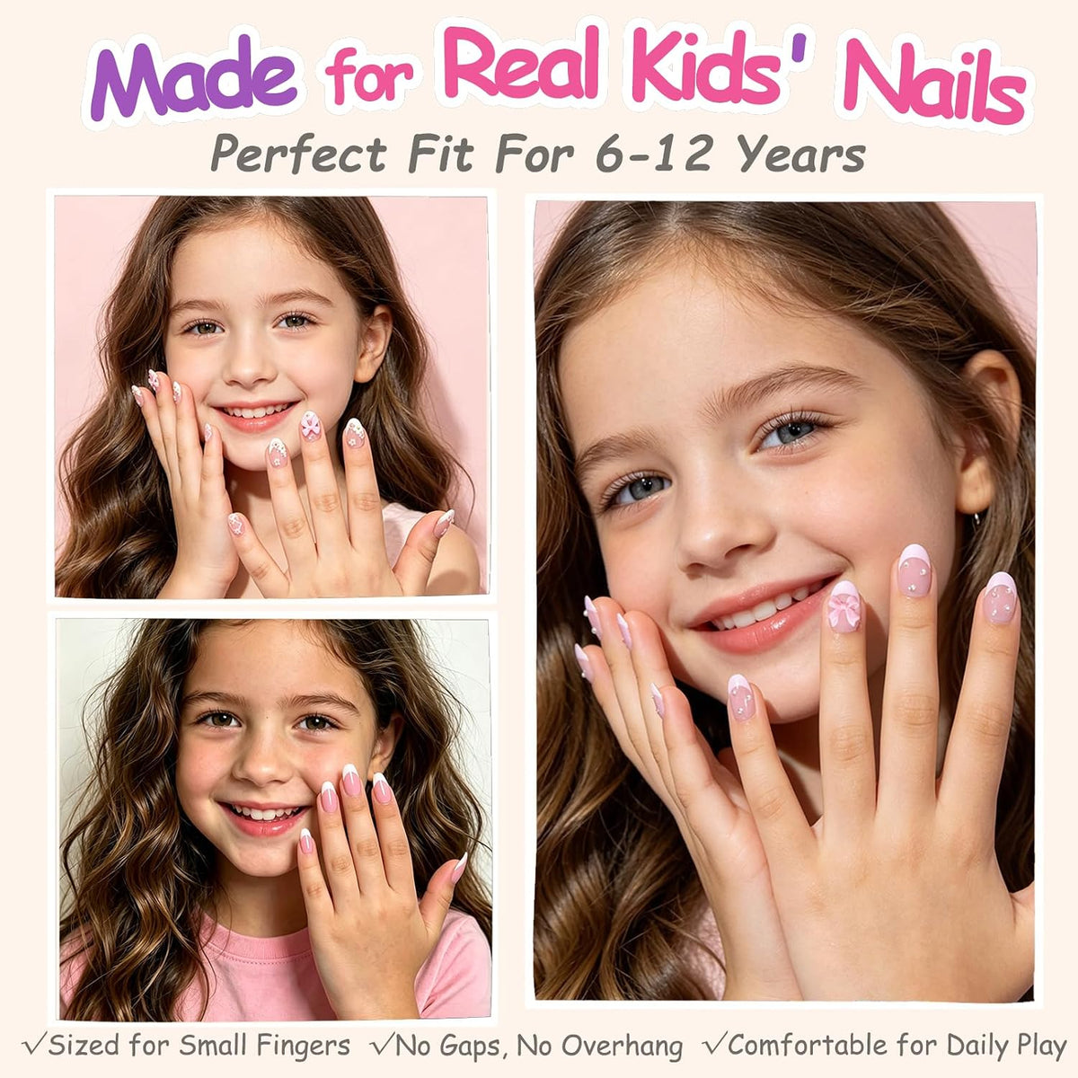 72 uñas a presión para niños, uñas francesas con perlas, lazos, flo...