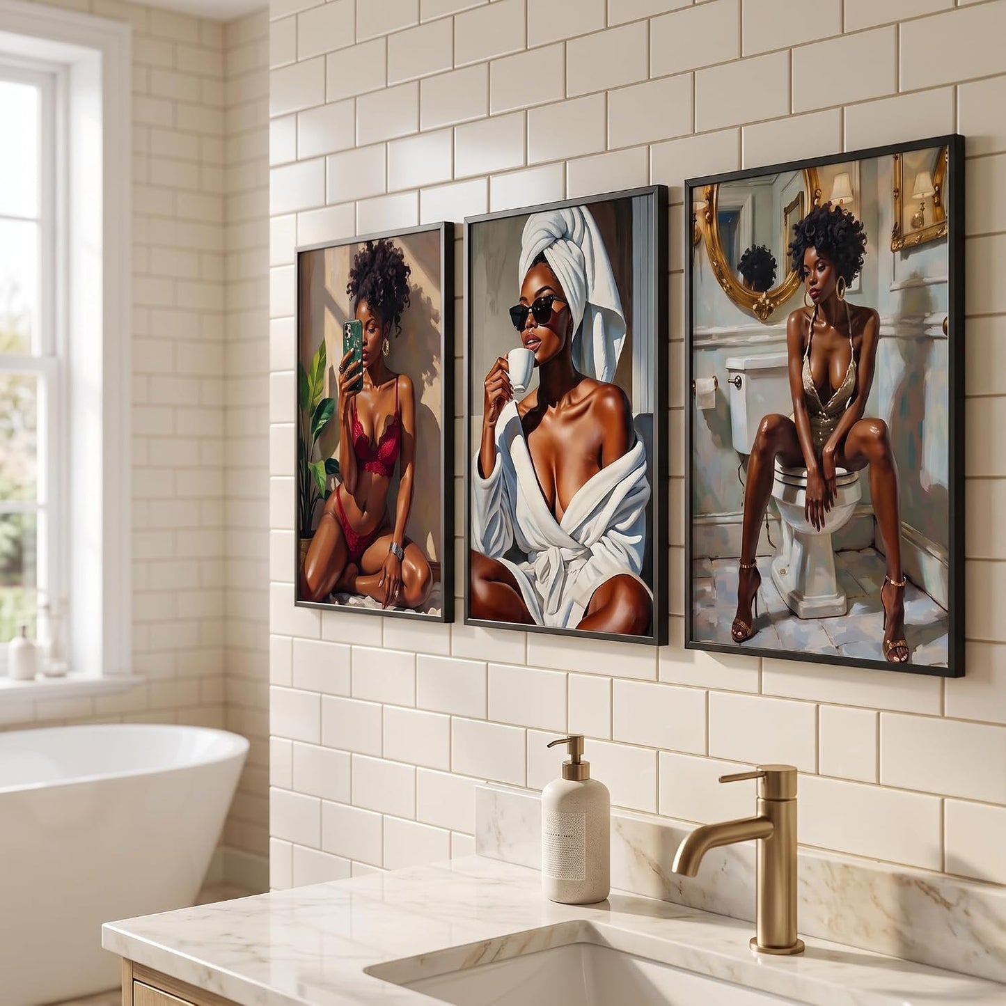 Pormipone 3 piezas de arte de pared de baño de niña negra, póster d...