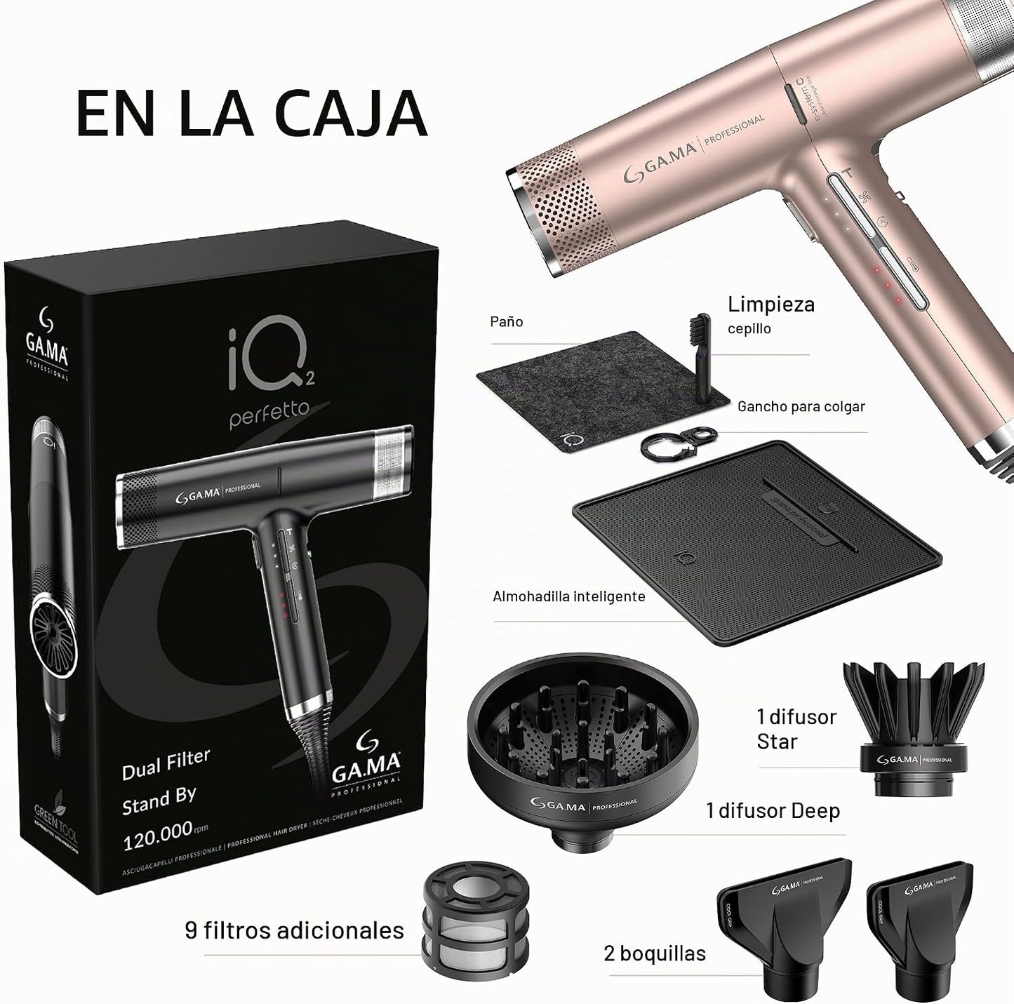 GA.MA iQ2 Perfetto - Secador de pelo con motor turbo inteligente de...