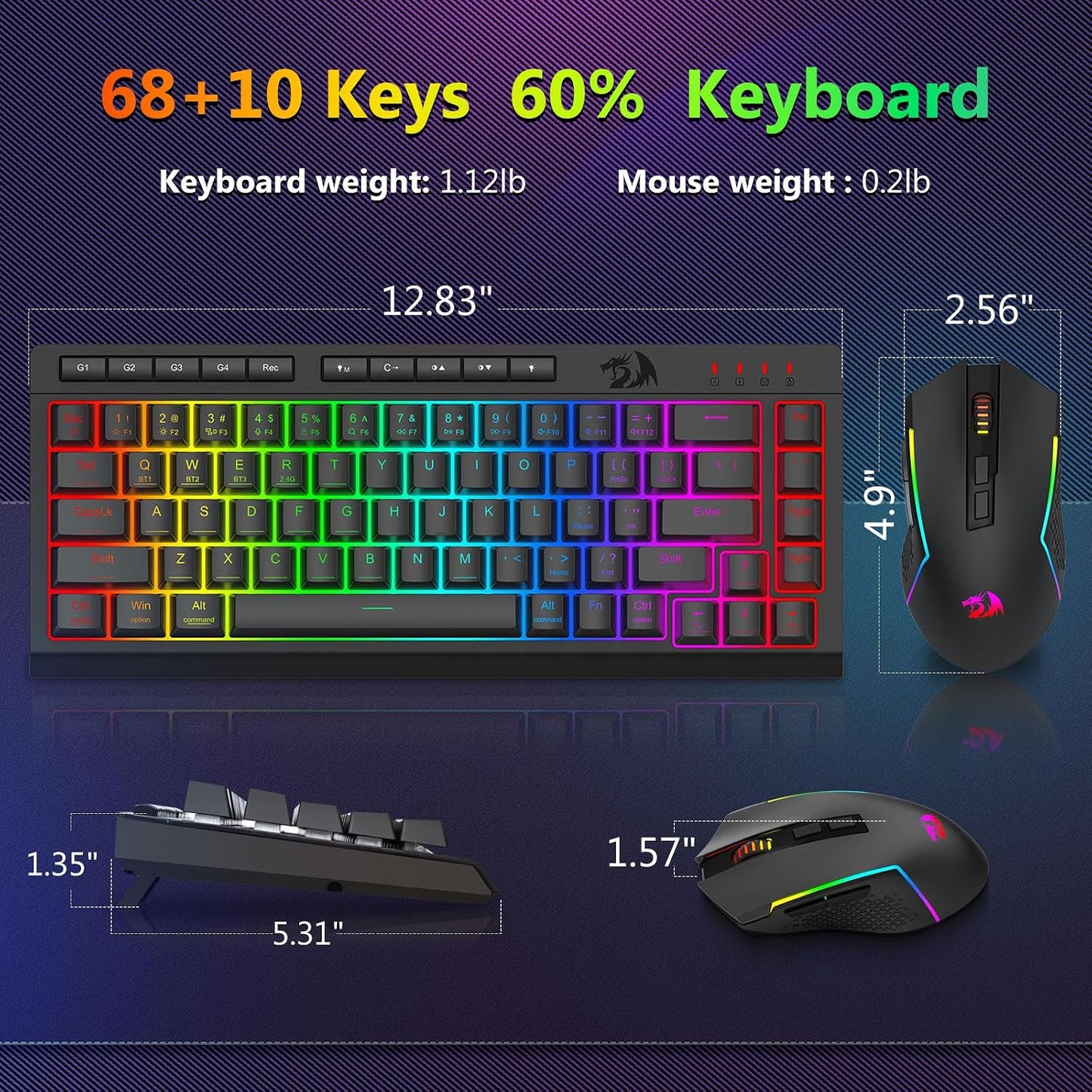 Redragon Combo de teclado y mouse inalámbricos para juegos, Bluetoo...
