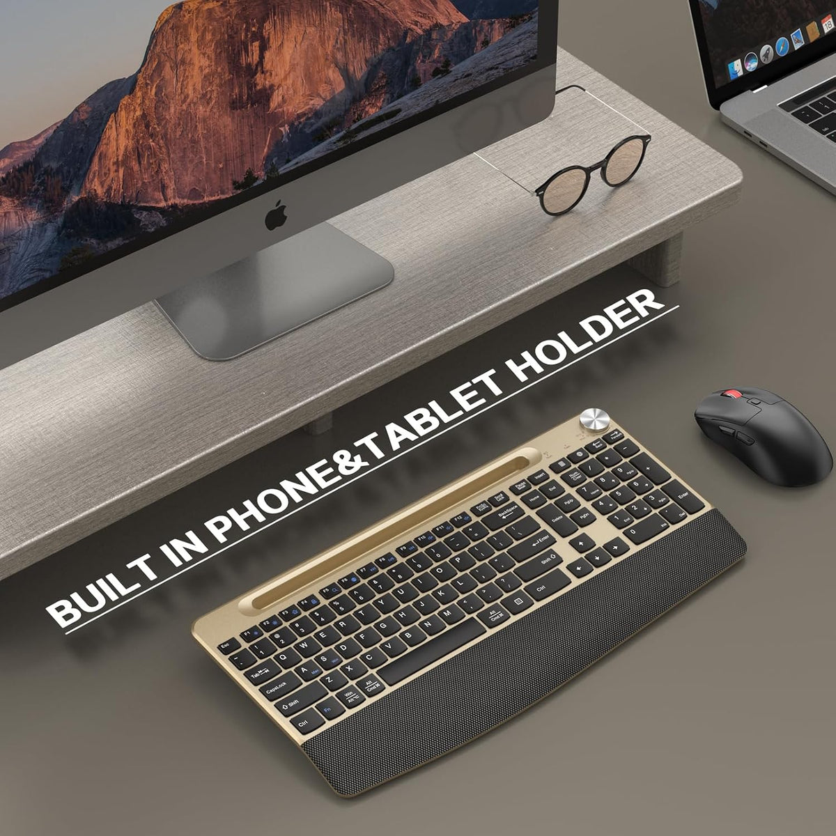 GAMCATZ Juego de teclado y mouse inalámbrico ergonómico con reposa...