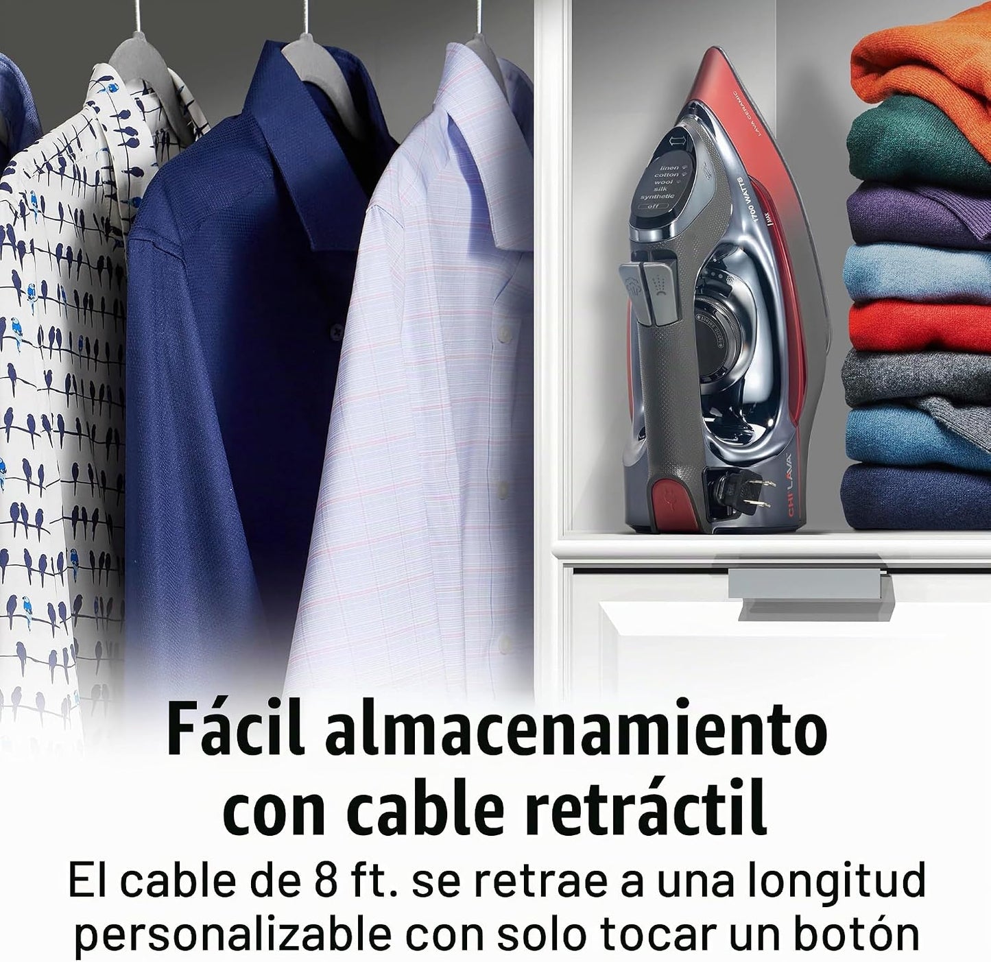 CHI Plancha de vapor para ropa con cable retráctil de 8 pies, 1700...