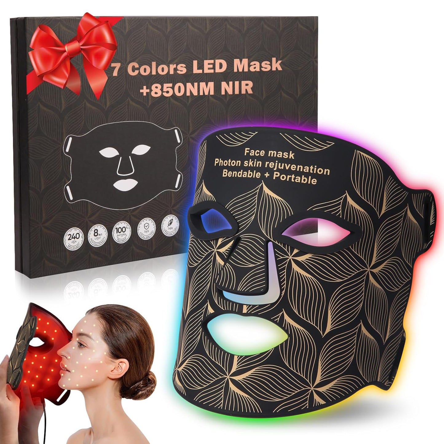 biuufish Terapia de luz roja para la cara, mascarilla de 8 colores...