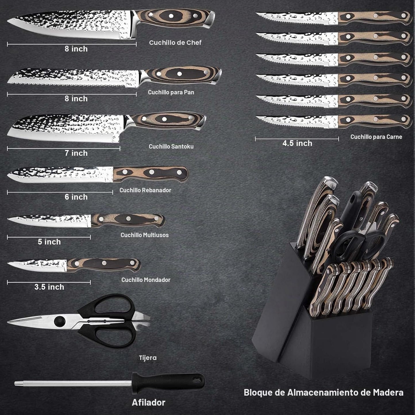 Juego de cuchillos de cocina, juego de cuchillos de 15 piezas con b...