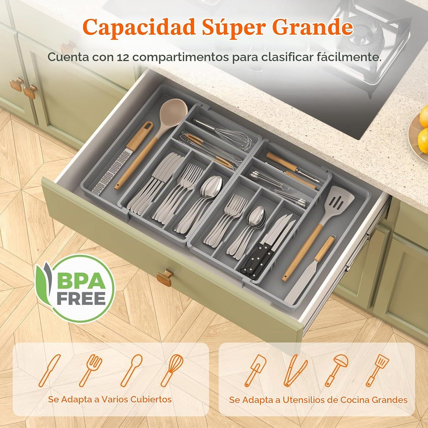 Lifewit Organizador de cubiertos grande para cajón, expandible de 1...